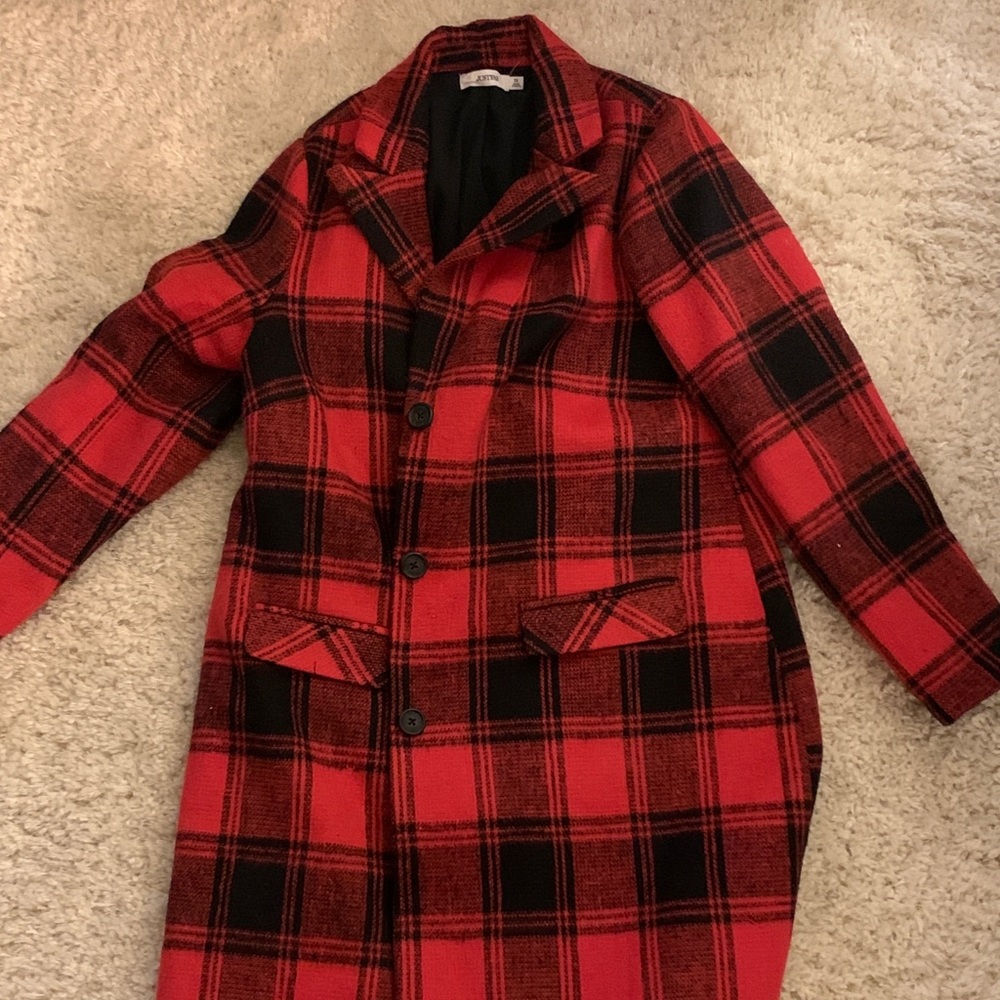 Red/black plaid pea coat